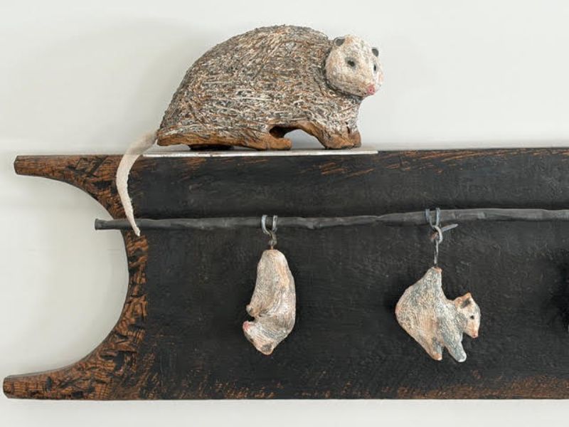 Kingsley Parker, Possum Family, 2025,Ceramic and Leather detail, 17.5x46x5