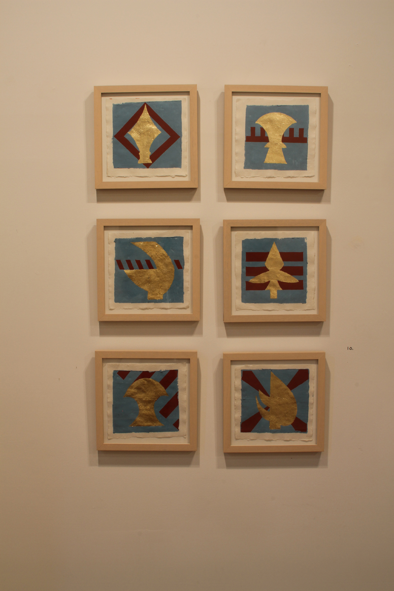 Moira Kelly  Devices 1. Blue, tempra, goldleaf and plaster on paper